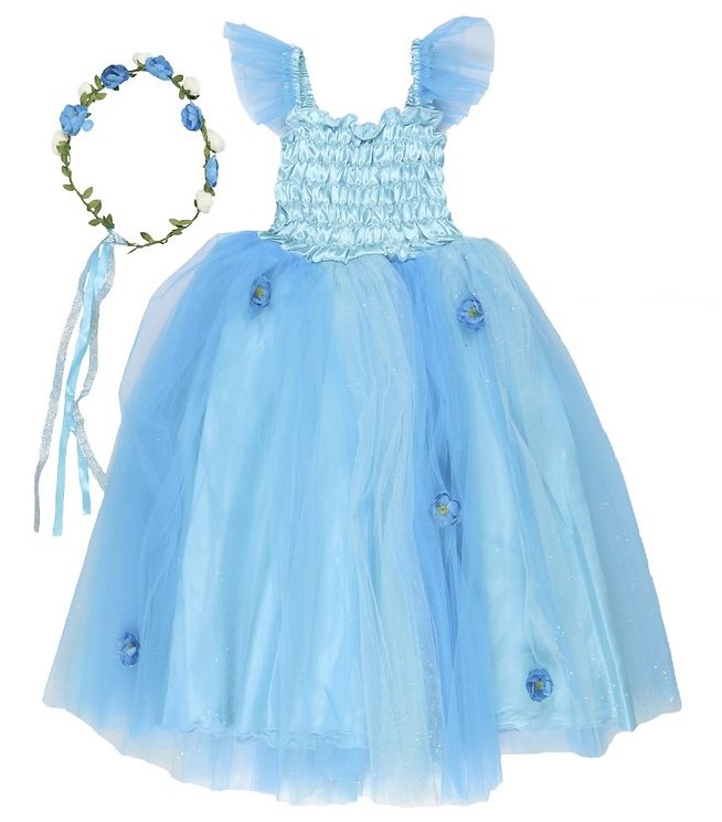 Billede fra myndighedens meddelelse af det tilbagekaldte produkt Den Goda Fen, Fairy Dress Light Blue - Fekjole m. Blomsterkrans, Blå. Årsag: OVERTRÆD.