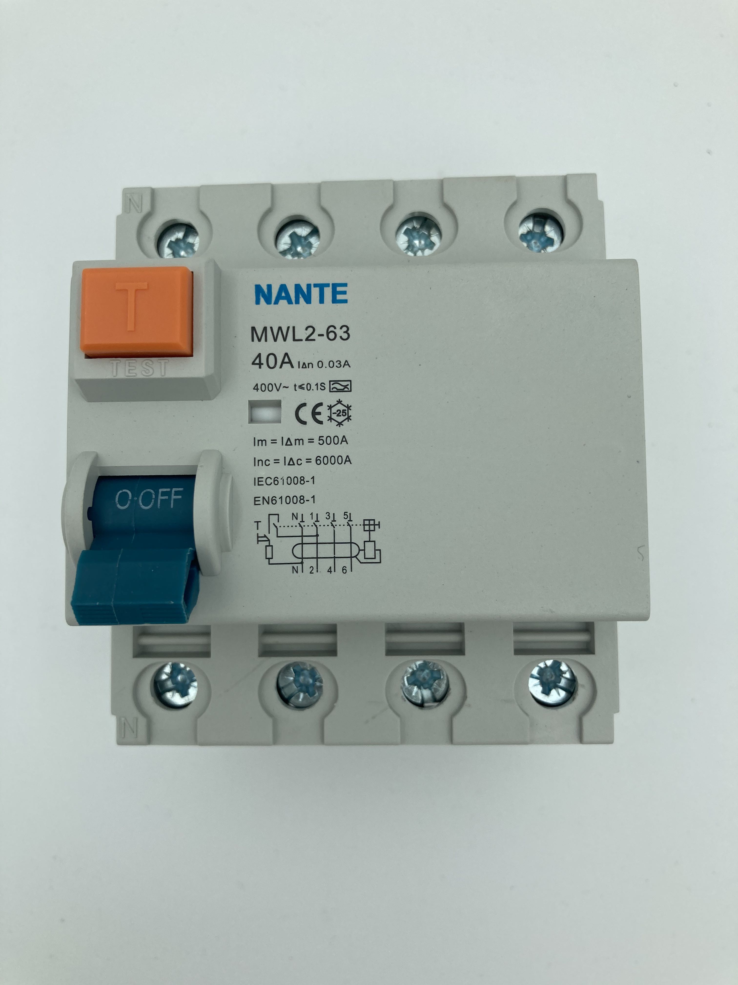 Billede fra myndighedens meddelelse af det tilbagekaldte produkt Fejlstrømsafbryder, model NANTE MWL2-63. Årsag: OKTILTAG.