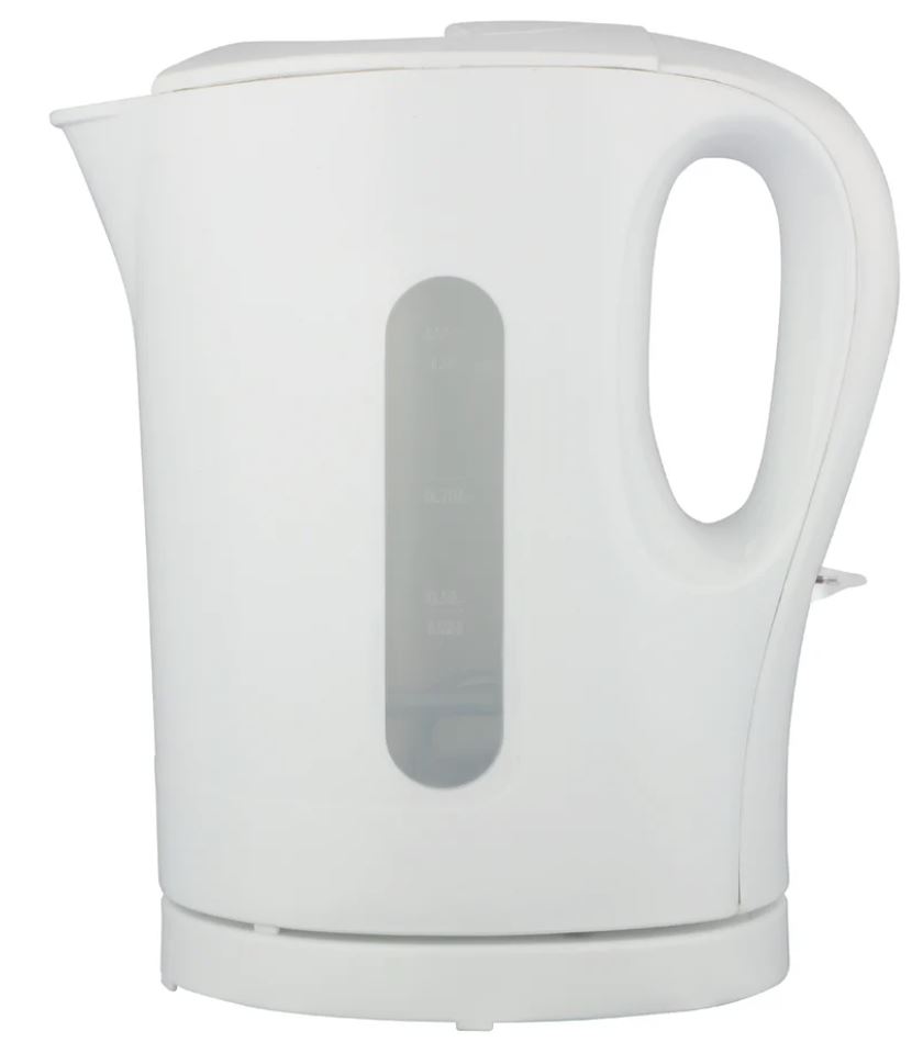 Billede fra myndighedens meddelelse af det tilbagekaldte produkt ELKEDEL 1,0L 1000-1200W - HVID. Årsag: OKTILTAG.