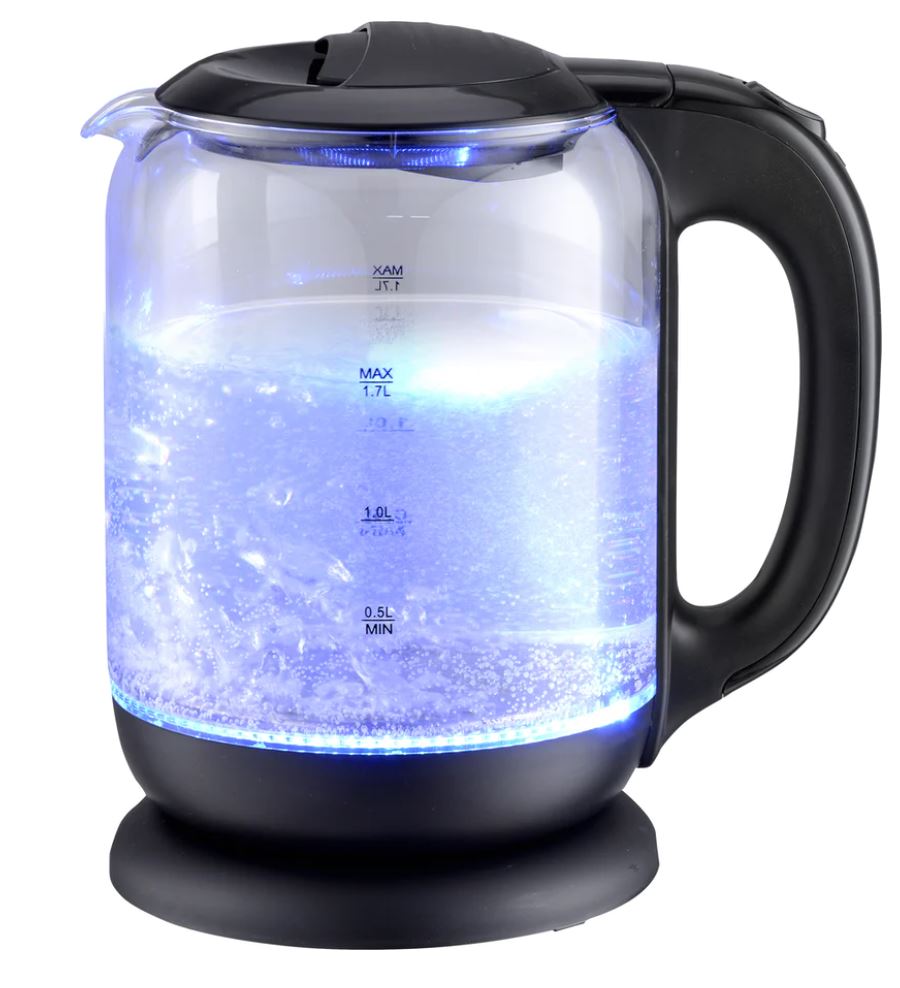 Billede fra myndighedens meddelelse af det tilbagekaldte produkt EPIQ GLAS ELKEDEL MED LED. Årsag: OKTILTAG.