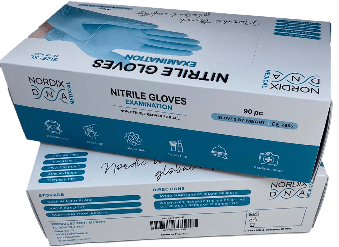 Billede fra myndighedens meddelelse af det tilbagekaldte produkt Nitrile Gloves - Examination. Årsag: OVERTRÆD.