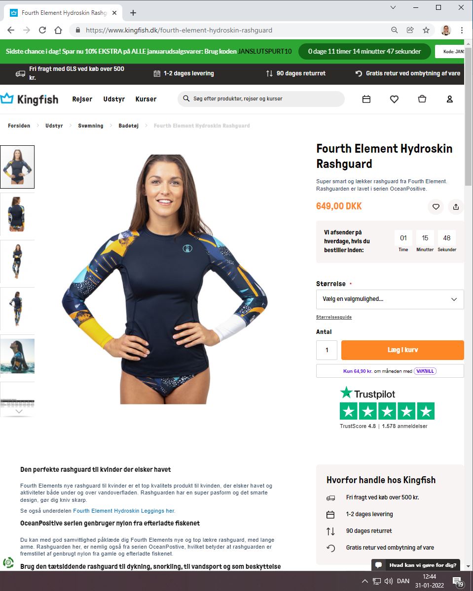 Billede fra myndighedens meddelelse af det tilbagekaldte produkt Fourth Element Hydroskin Rashguard. Årsag: OKTILTAG.
