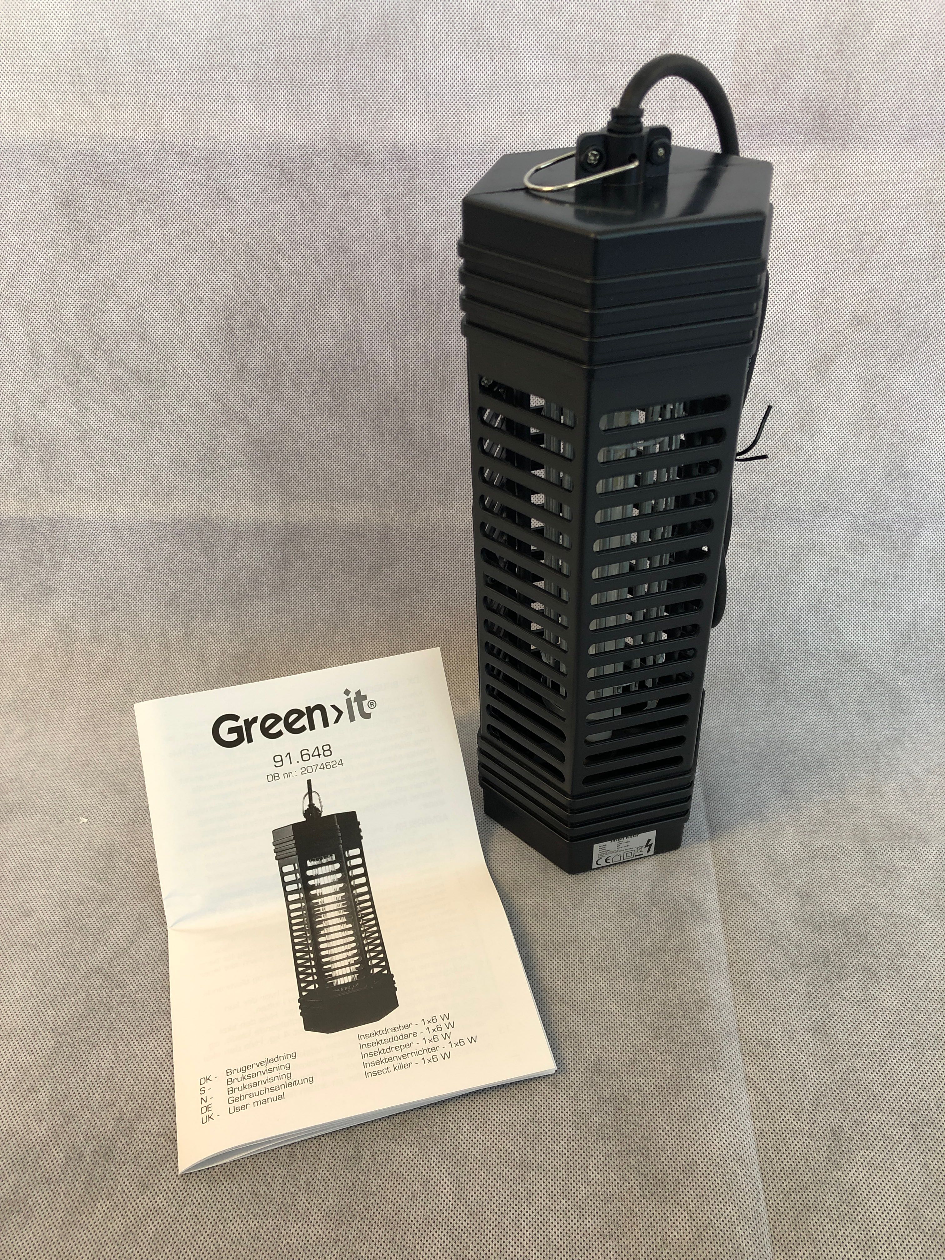 Billede fra myndighedens meddelelse af det tilbagekaldte produkt Green>it Insektdræber - 1×6 W. Årsag: OKTILTAG.