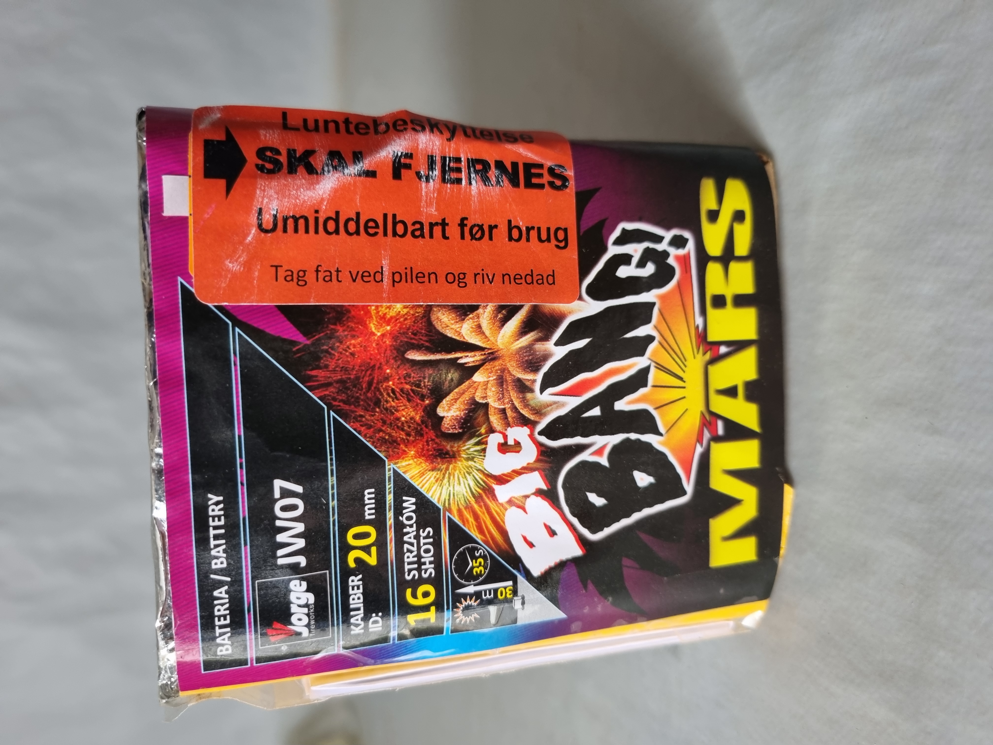 Billede fra myndighedens meddelelse af det tilbagekaldte produkt Big Bang Mars. Årsag: OVERTRÆD.