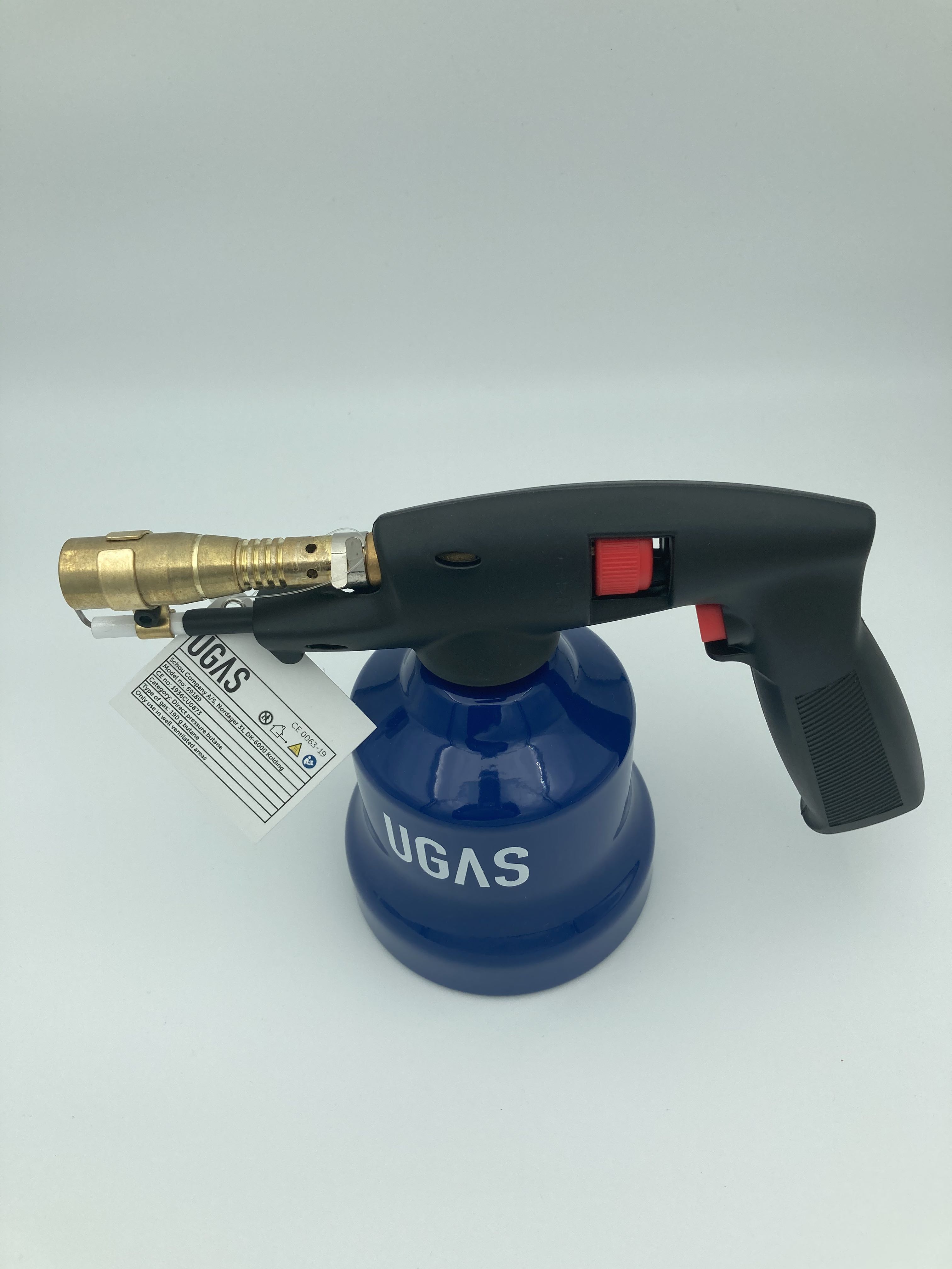 Billede fra myndighedens meddelelse af det tilbagekaldte produkt UGAS Gas blow torch. Årsag: OKTILTAG.