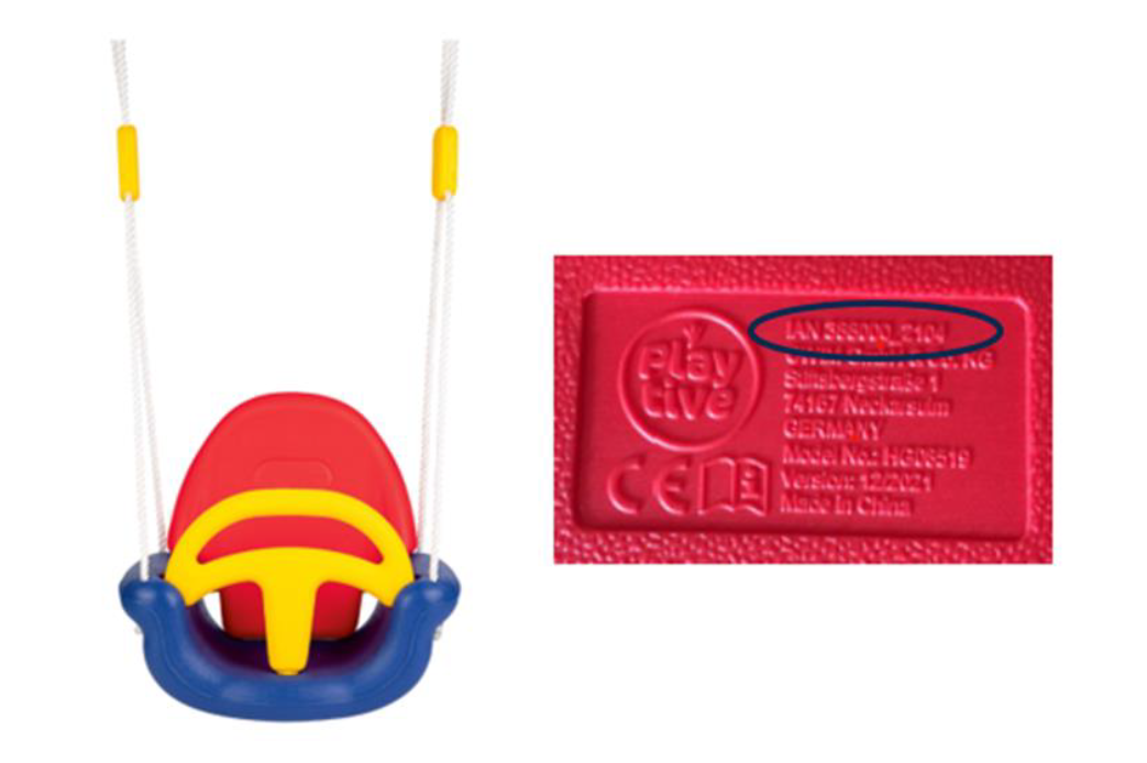 Billede fra myndighedens meddelelse af det tilbagekaldte produkt Playtive 3-i-1 gynge. Årsag: OKTILTAG.