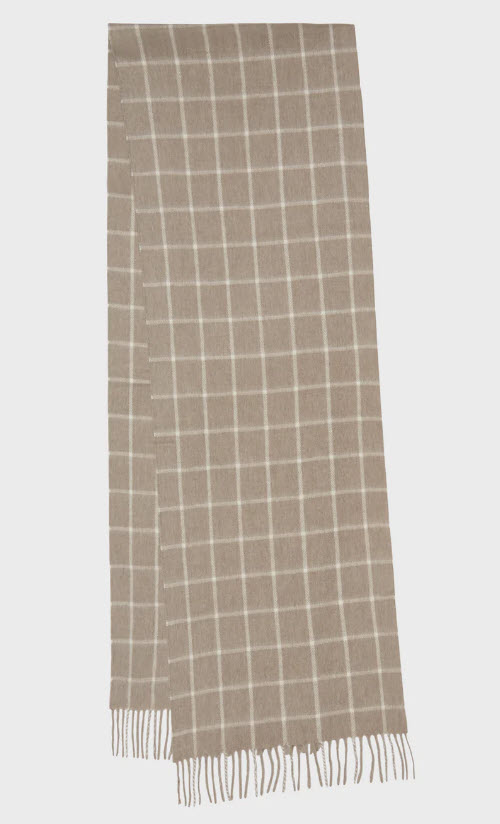 Billede fra myndighedens meddelelse af det tilbagekaldte produkt Men's Check Cashmere Scarf In Beige. Årsag: OKTILTAG.