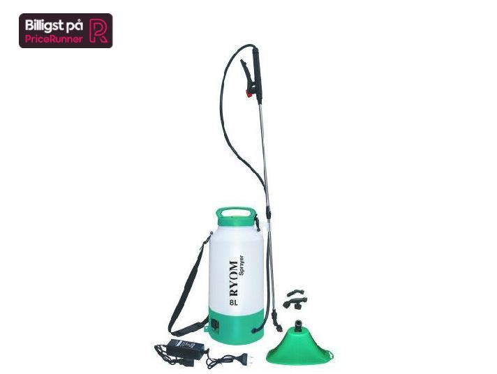 Billede fra myndighedens meddelelse af det tilbagekaldte produkt Ryom havesprøjte 8 liter med batteri og lader. Årsag: OKTILTAG.