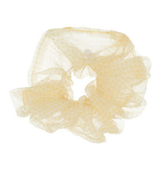 Billede fra myndighedens meddelelse af det tilbagekaldte produkt Naja petit scrunchie – Ternet Gul. Årsag: OVERTRÆD.