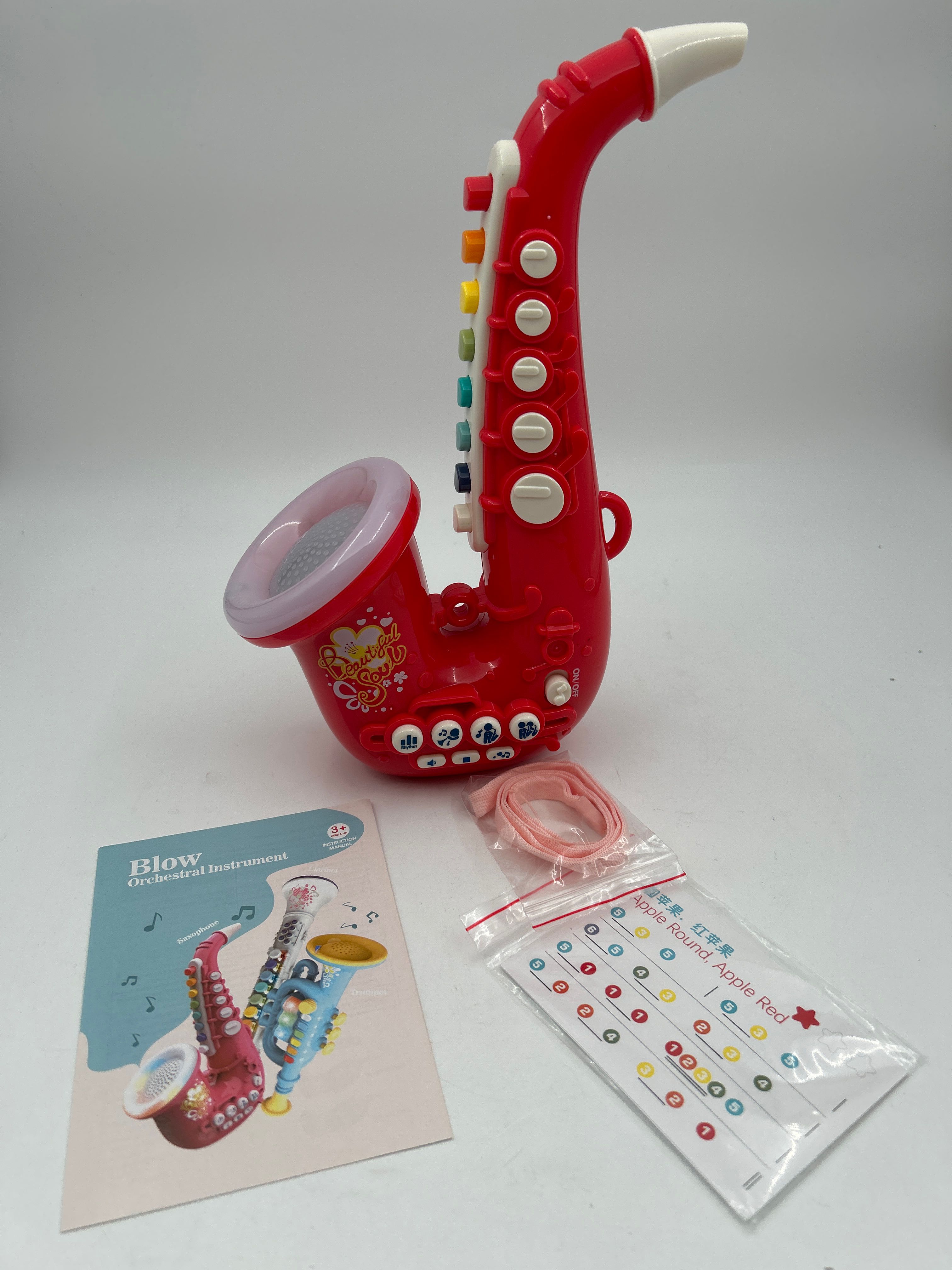 Billede fra myndighedens meddelelse af det tilbagekaldte produkt Yideng Toy Saxophone for Kids. Årsag: OKTILTAG.