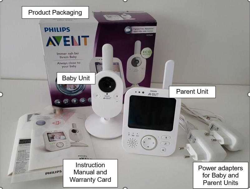 Billede fra myndighedens meddelelse af det tilbagekaldte produkt Philips Avent digital video baby monitor. Årsag: OKTILTAG.