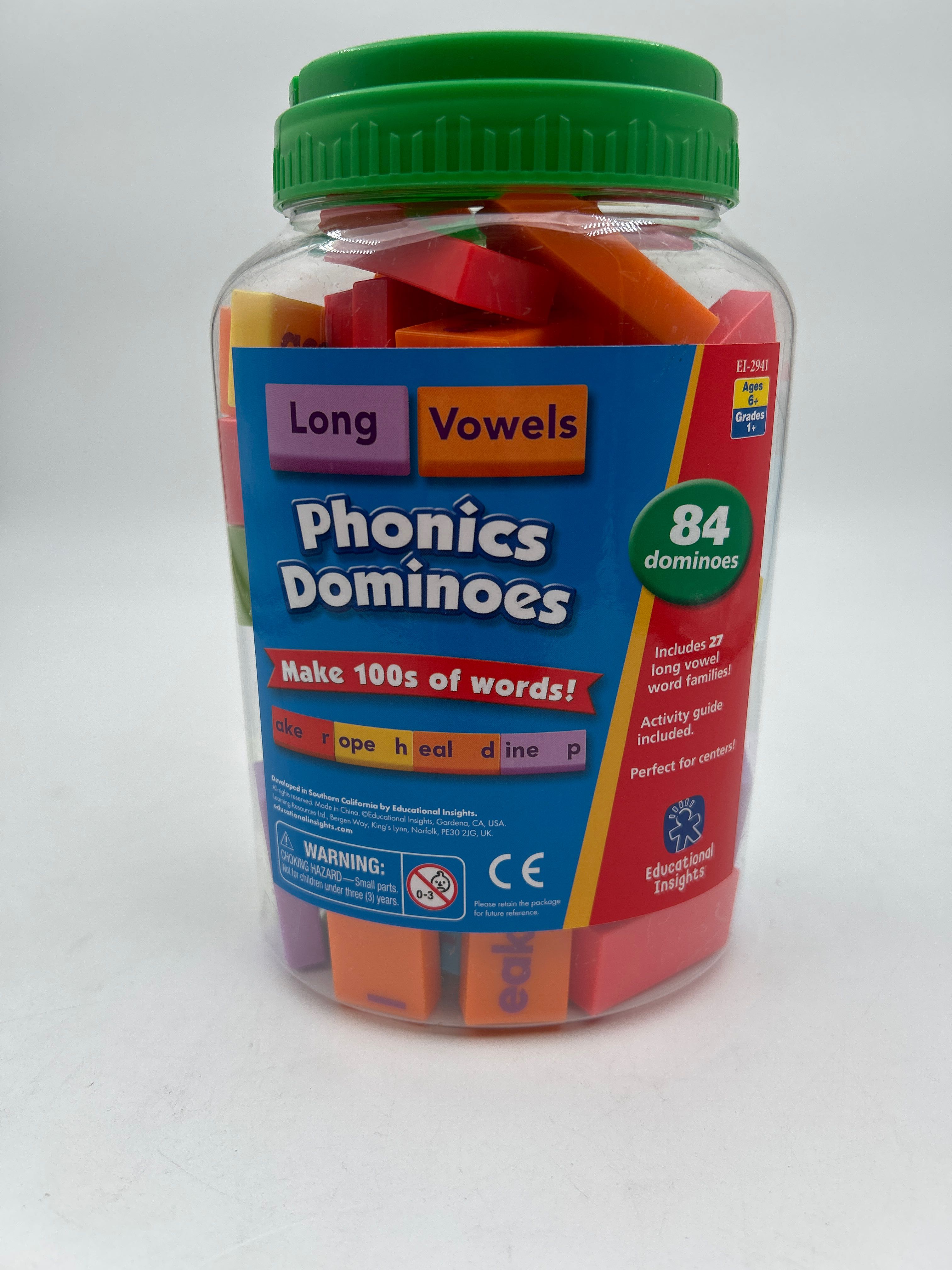 Billede fra myndighedens meddelelse af det tilbagekaldte produkt Educational Insights Phonics­ Dominoes - Long Vowels. Årsag: OKTILTAG.