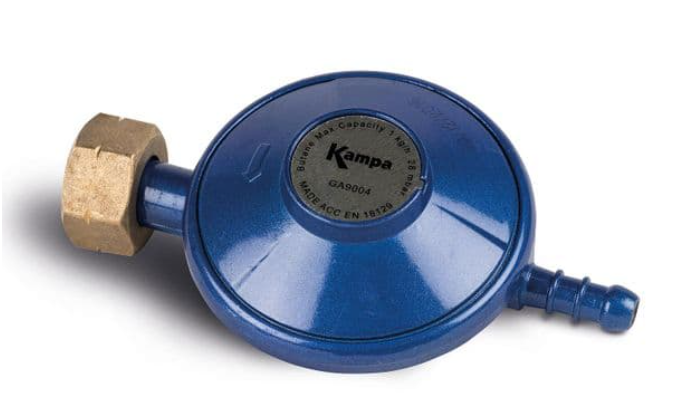 Billede fra myndighedens meddelelse af det tilbagekaldte produkt Kampa Screw-On Butane Gas Regulator model GA9004. Årsag: OVERTRÆD.