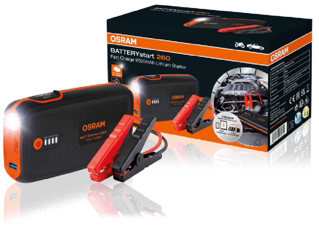 Billede fra myndighedens meddelelse af det tilbagekaldte produkt OSRAM BATTERY start 260. Årsag: OKTILTAG.