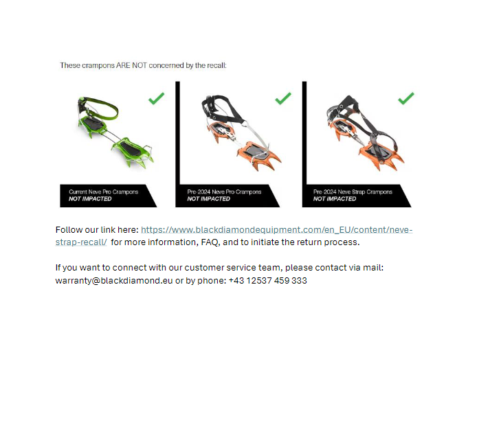 Billede fra myndighedens meddelelse af det tilbagekaldte produkt Neve Strap Crampon. Årsag: OVERTRÆD.
