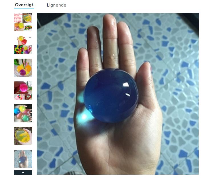 Billede fra myndighedens meddelelse af det tilbagekaldte produkt Big Crystal vandperler. Årsag: OVERTRÆD.