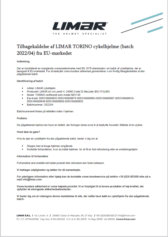 Billede fra myndighedens meddelelse af det tilbagekaldte produkt Limar Torion cykelhjelm. Årsag: OVERTRÆD.