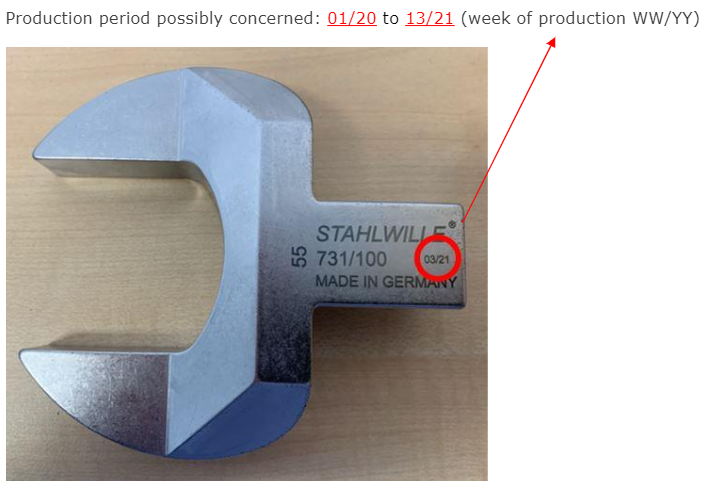 Billede fra myndighedens meddelelse af det tilbagekaldte produkt Stahlwille moulding tool. Årsag: OKTILTAG.