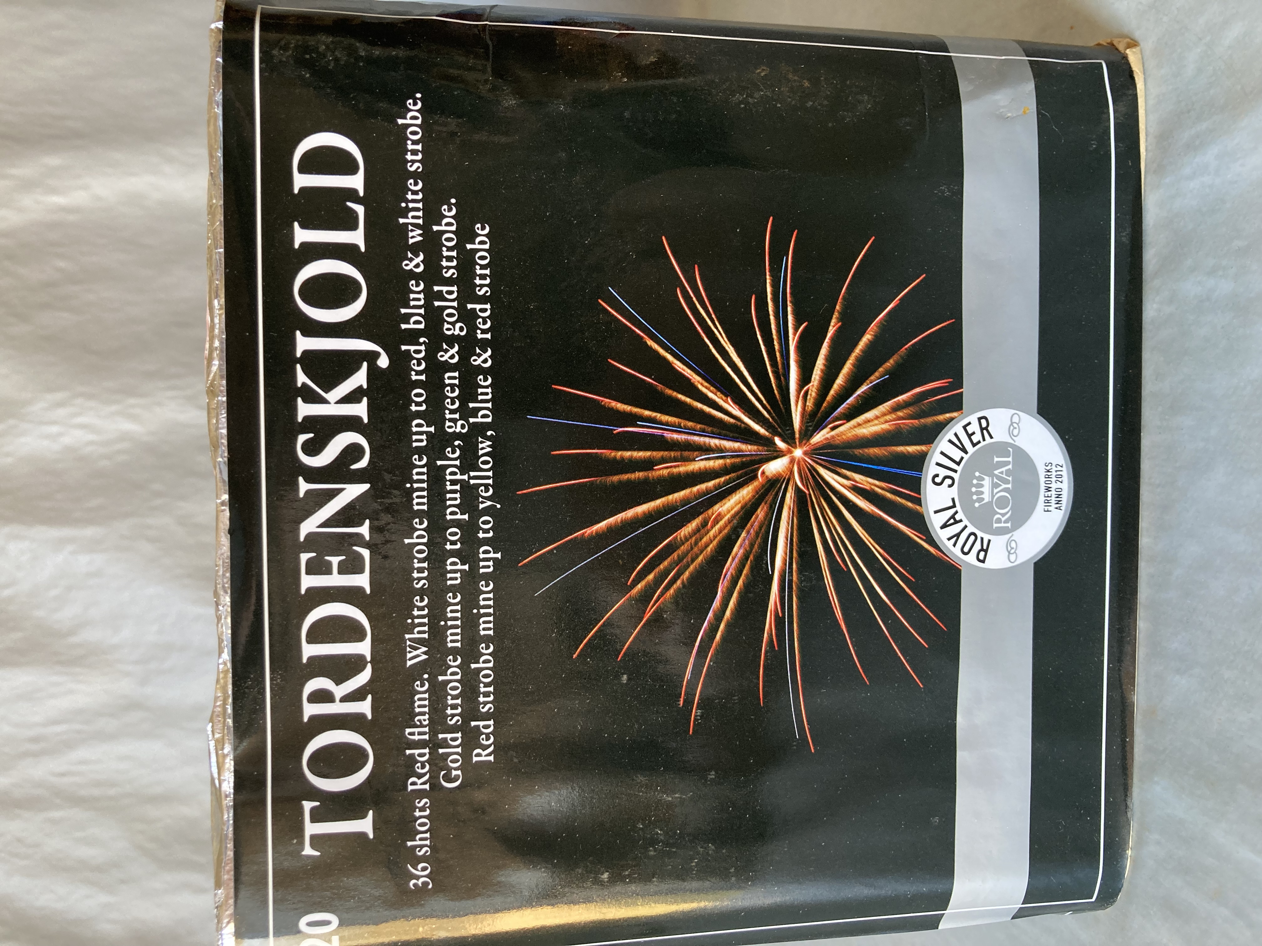 Billede fra myndighedens meddelelse af det tilbagekaldte produkt TORDENSKJOLD 36 SHOT. Årsag: OVERTRÆD.