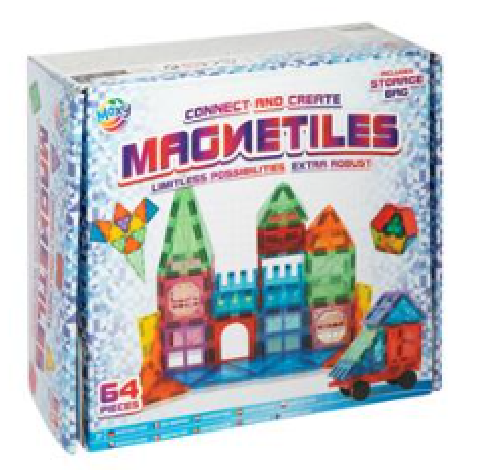 Billede fra myndighedens meddelelse af det tilbagekaldte produkt Moxy Magnetic tiles. Årsag: OVERTRÆD.