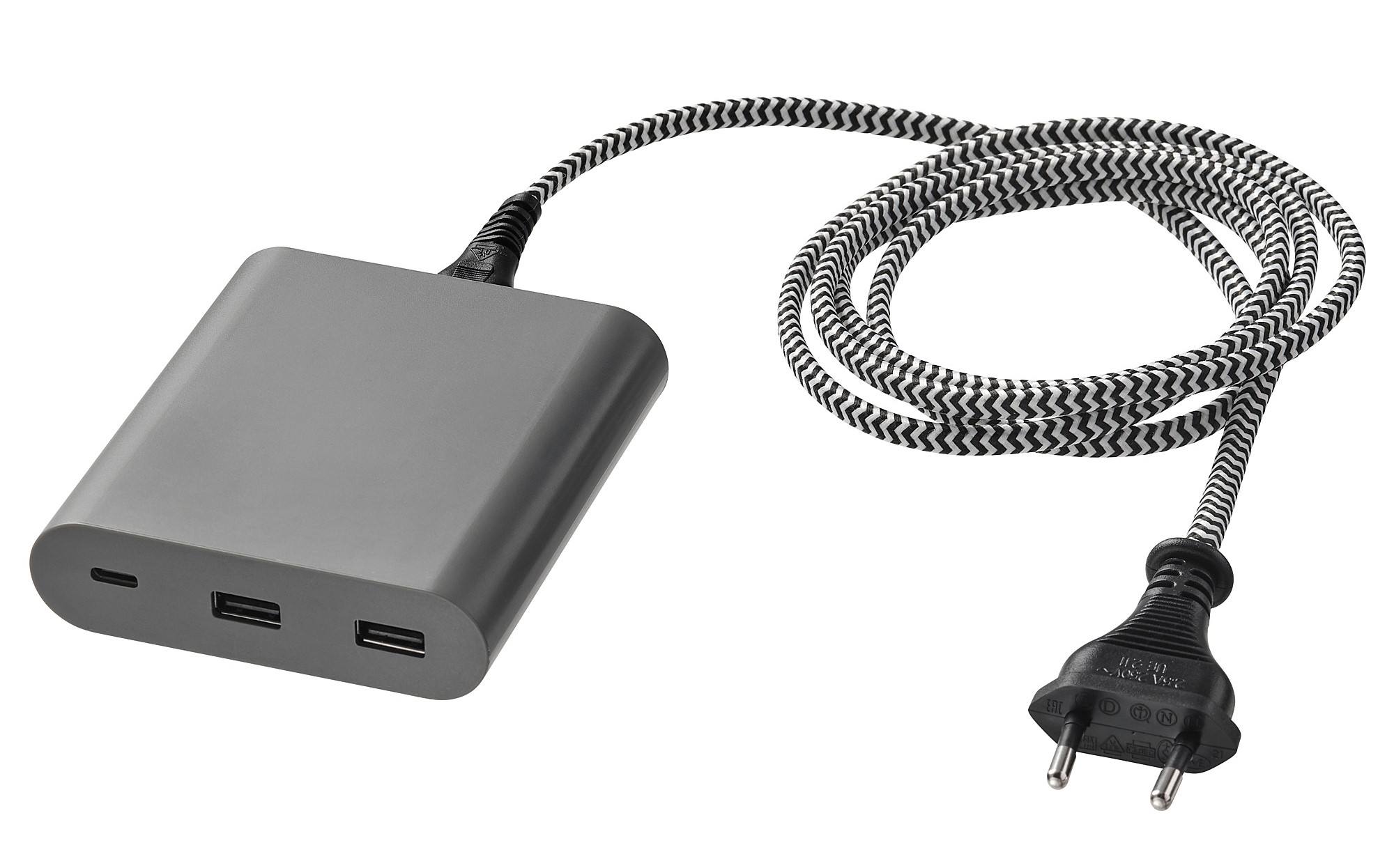 Billede fra myndighedens meddelelse af det tilbagekaldte produkt ÅSKSTORM 4400W USB chrgr dark grey. Årsag: OVERTRÆD.