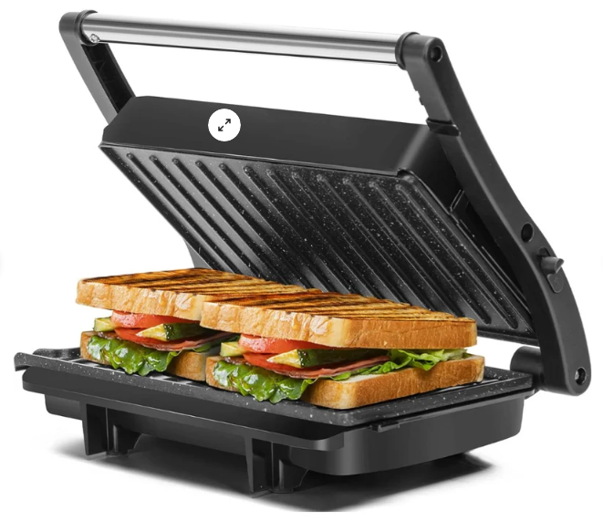 Billede fra myndighedens meddelelse af det tilbagekaldte produkt Panini Press Indoor Grill and Gourmet Sandwich Maker. Årsag: OVERTRÆD.