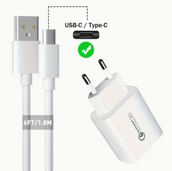 Billede fra myndighedens meddelelse af det tilbagekaldte produkt EU-Stik Hurtigopladning 3.0, 18W 3Amp USB-vægoplader. Årsag: OVERTRÆD.