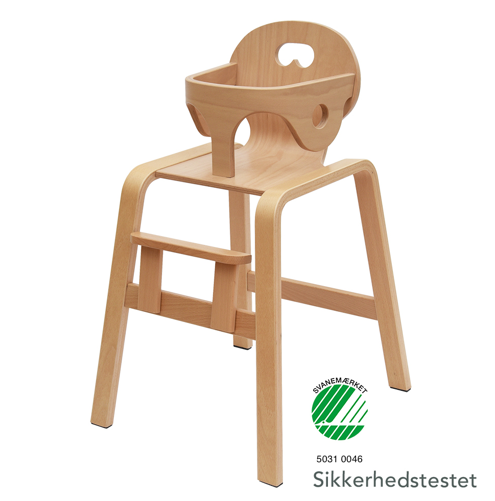 Billede fra myndighedens meddelelse af det tilbagekaldte produkt Svanemærket Panuline Stabel Højstol. Årsag: OVERTRÆD.
