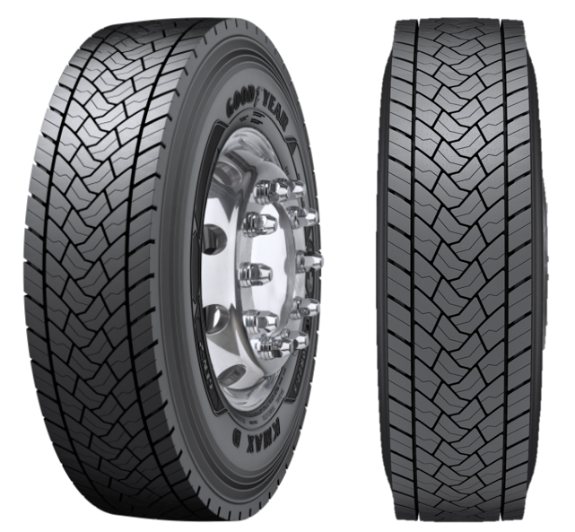 Billede fra myndighedens meddelelse af det tilbagekaldte produkt Goodyear - Model: 295/80R22.5 152/148M KMAX D Gen2. Årsag: OVERTRÆD.
