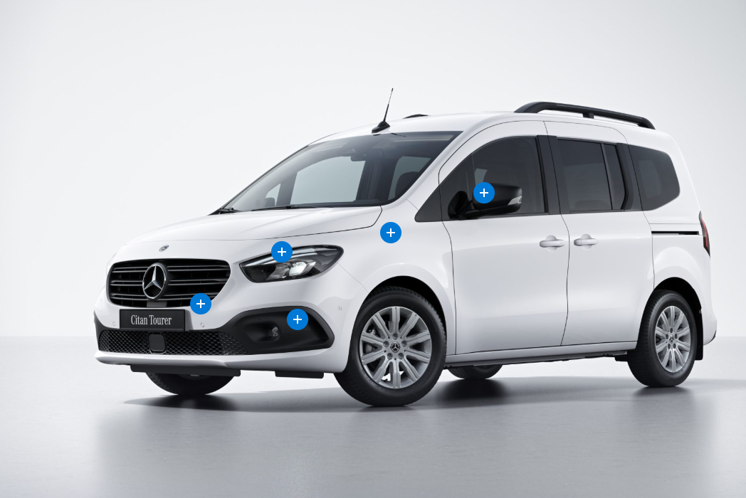 Billede fra myndighedens meddelelse af det tilbagekaldte produkt Mercedes-Benz - eCitan, T-Klasse. Årsag: OVERTRÆD.