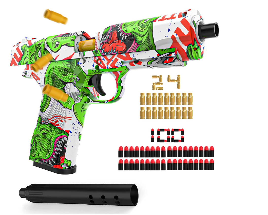 Billede fra myndighedens meddelelse af det tilbagekaldte produkt Pistol Toy Children, Foam Soft Bullet Gun Blaster Shooter. Årsag: OVERTRÆD.
