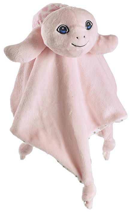 Billede fra myndighedens meddelelse af det tilbagekaldte produkt Petjes World Security Blanket Turtle pink. Årsag: OVERTRÆD.