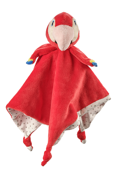 Billede fra myndighedens meddelelse af det tilbagekaldte produkt Petjes World Security Blanket Red Parrot. Årsag: OVERTRÆD.
