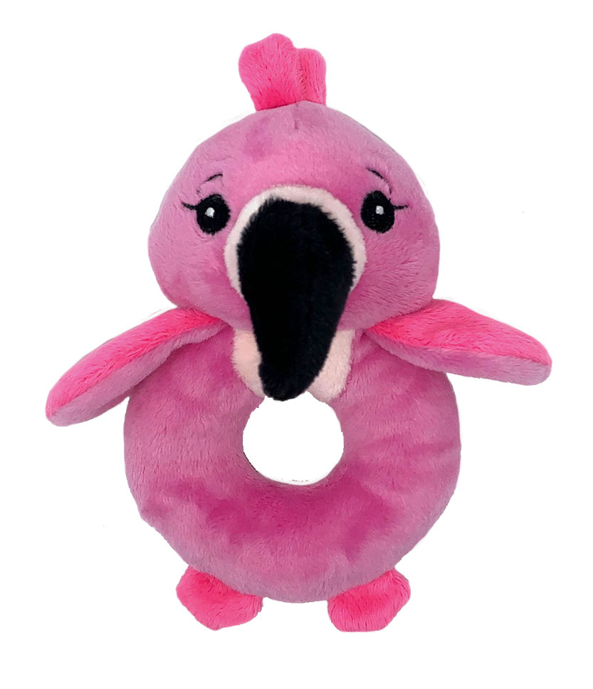 Billede fra myndighedens meddelelse af det tilbagekaldte produkt Petjes World rattle Flamingo. Årsag: OVERTRÆD.
