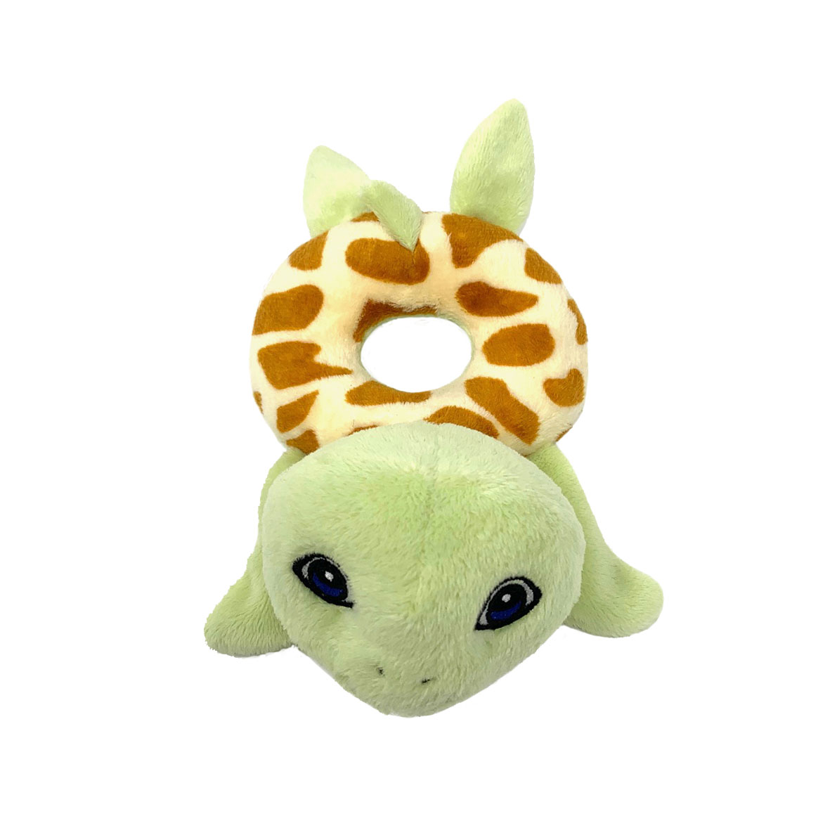 Billede fra myndighedens meddelelse af det tilbagekaldte produkt Petjes World rattle turtle green. Årsag: OVERTRÆD.