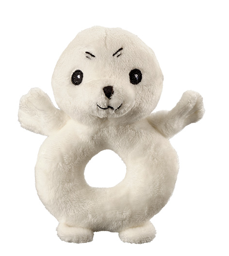 Billede fra myndighedens meddelelse af det tilbagekaldte produkt Petjes World rattle seal white. Årsag: OVERTRÆD.