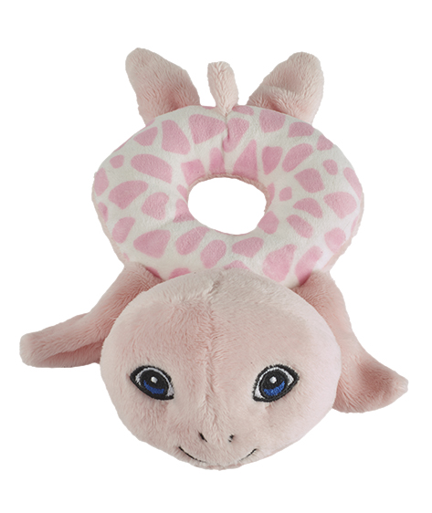 Billede fra myndighedens meddelelse af det tilbagekaldte produkt Petjes World rattle turtle pink. Årsag: OVERTRÆD.