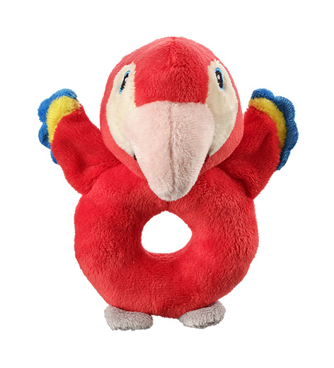 Billede fra myndighedens meddelelse af det tilbagekaldte produkt Petjes World Rattle Red Parrot. Årsag: OVERTRÆD.