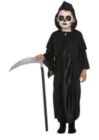 Billede fra myndighedens meddelelse af det tilbagekaldte produkt Spooky Manden med Leen Kostume. Årsag: OKTILTAG.