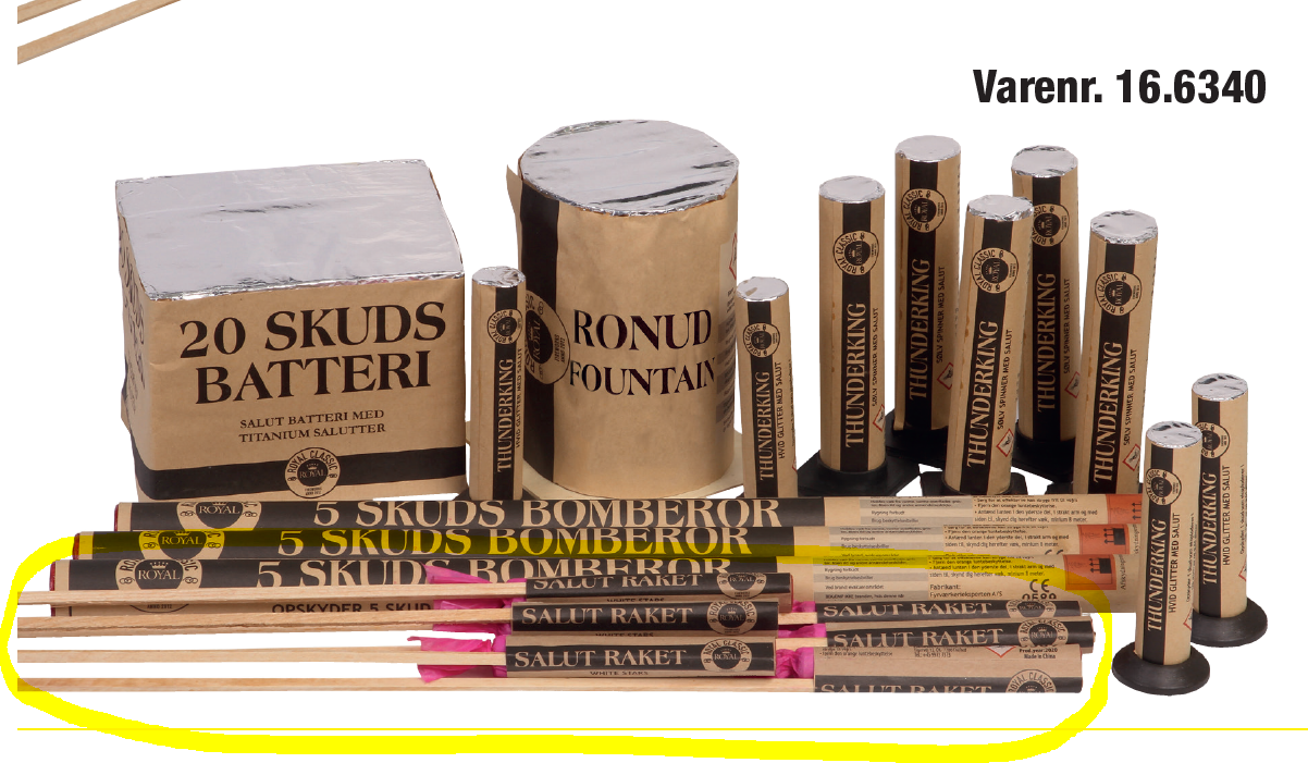 Billede fra myndighedens meddelelse af det tilbagekaldte produkt Royal Gold Big Bang Box sortiment, Salut raket. Årsag: OKTILTAG.