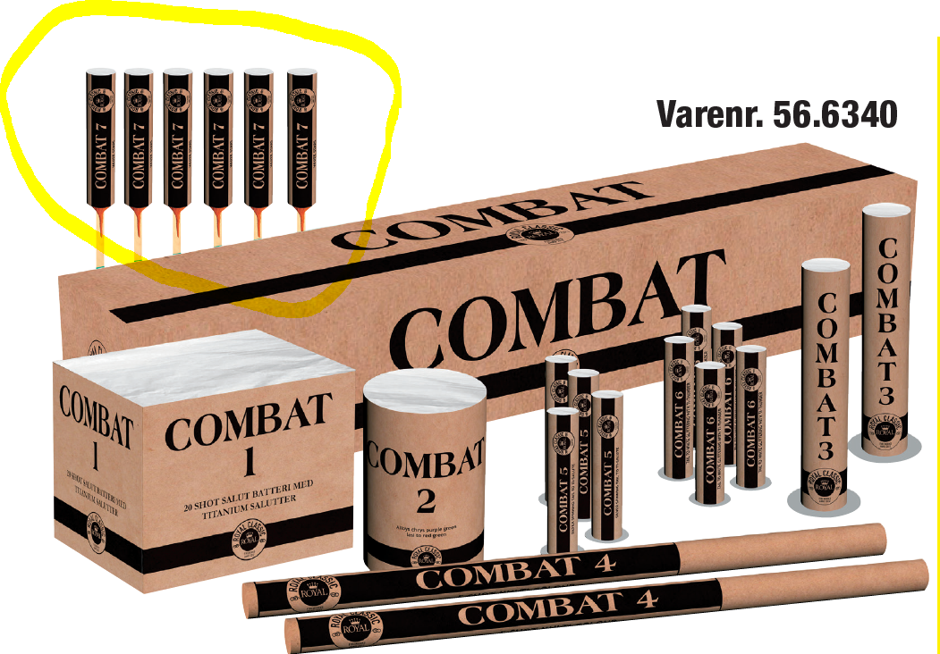 Billede fra myndighedens meddelelse af det tilbagekaldte produkt Royal Diamond Combat box sortiment, Knock out raket. Årsag: OKTILTAG.