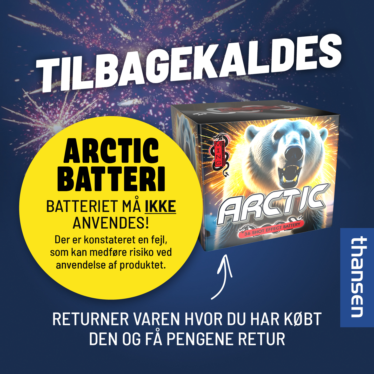 Billede fra myndighedens meddelelse af det tilbagekaldte produkt Arctic. Årsag: OVERTRÆD.