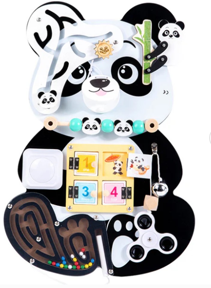 Billede fra myndighedens meddelelse af det tilbagekaldte produkt Aktivitetstavle Panda Bærbar. Årsag: OVERTRÆD.