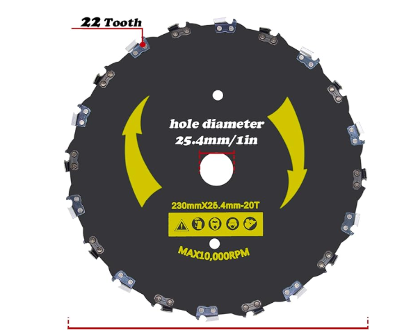 Billede fra myndighedens meddelelse af det tilbagekaldte produkt IRmm 9" x 20T Chainsaw Tooth Brush Blade & 10" x 80T Carbide. Årsag: OVERTRÆD.