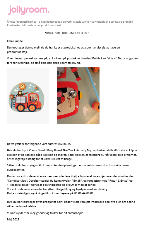 Billede fra myndighedens meddelelse af det tilbagekaldte produkt Classic World Activity Toy Busy Board Fire Truck. Årsag: OVERTRÆD.