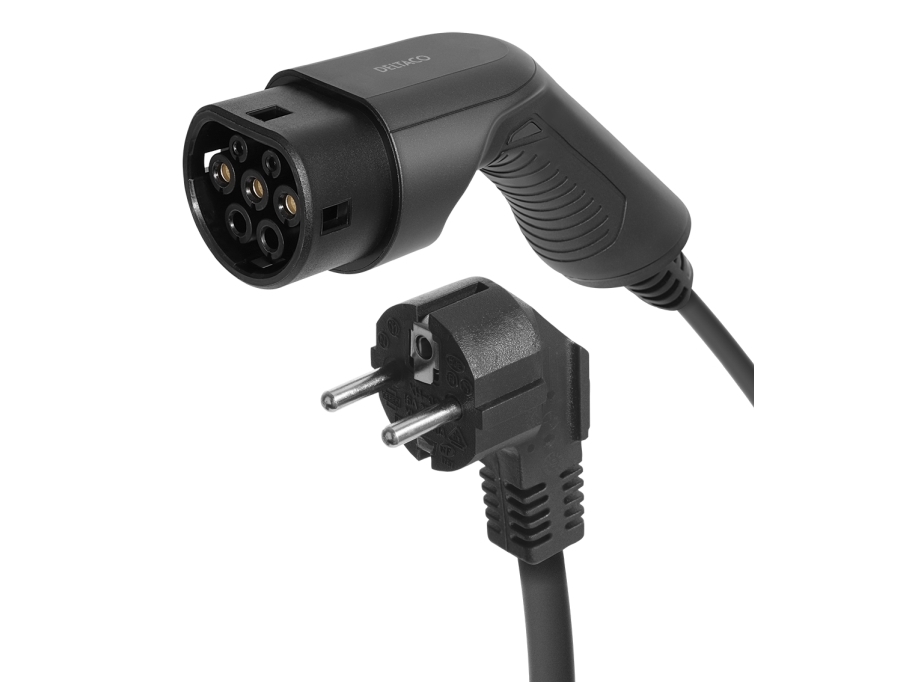 Billede fra myndighedens meddelelse af det tilbagekaldte produkt DELTACO EV-cable Mode 2, Schuko - type 2, 6-16A, 5M. Årsag: OKTILTAG.
