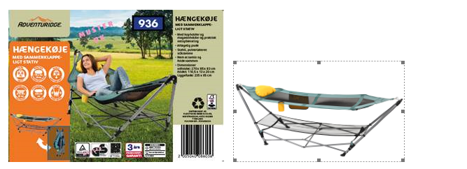 Billede fra myndighedens meddelelse af det tilbagekaldte produkt Hængekøje med sammenklappeligt stel. Årsag: OKTILTAG.